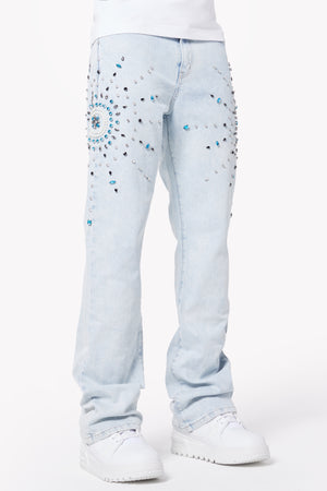 Aqua Blue Embellished Flared Denim