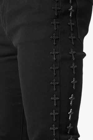 All Black Crosses Embellished Denim