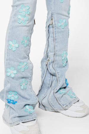 Aqua Blue Blossom Denim