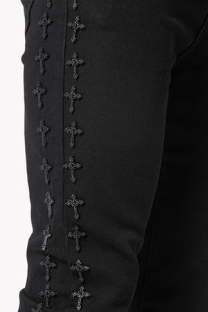 All Black Crosses Embellished Denim